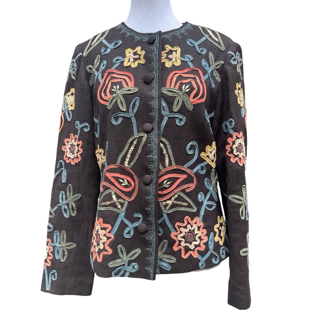 Vintage Embroidered Wool Jacket Sequined Appliqué Blazer Art To Wear Sz 6